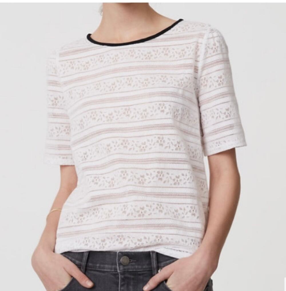 LOFT White Lace Black Trim Short Sleeve Top Medium